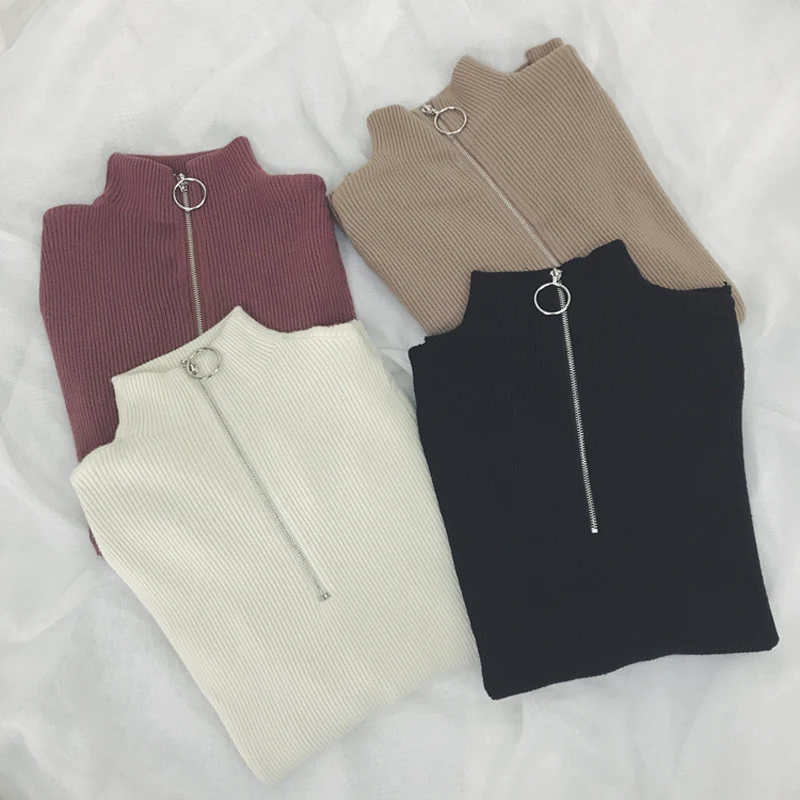 Zipper Turtleneck Solid Women Sweater Skinny Elastic Knitted Full Sleeve Pullover Female Soft Femme Christmas Jumper Quality