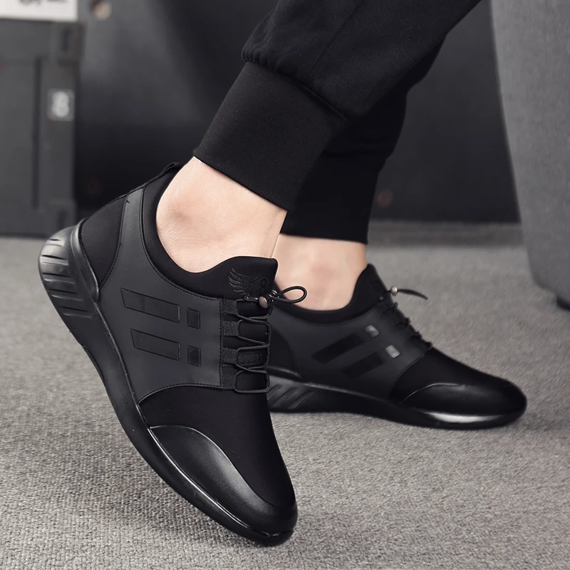 2019 Men's Shoes Quality Lycra+Cow Leather Shoes Brand 8CM Increasing British Shoes New Spring Black Man Casual Height Shoes