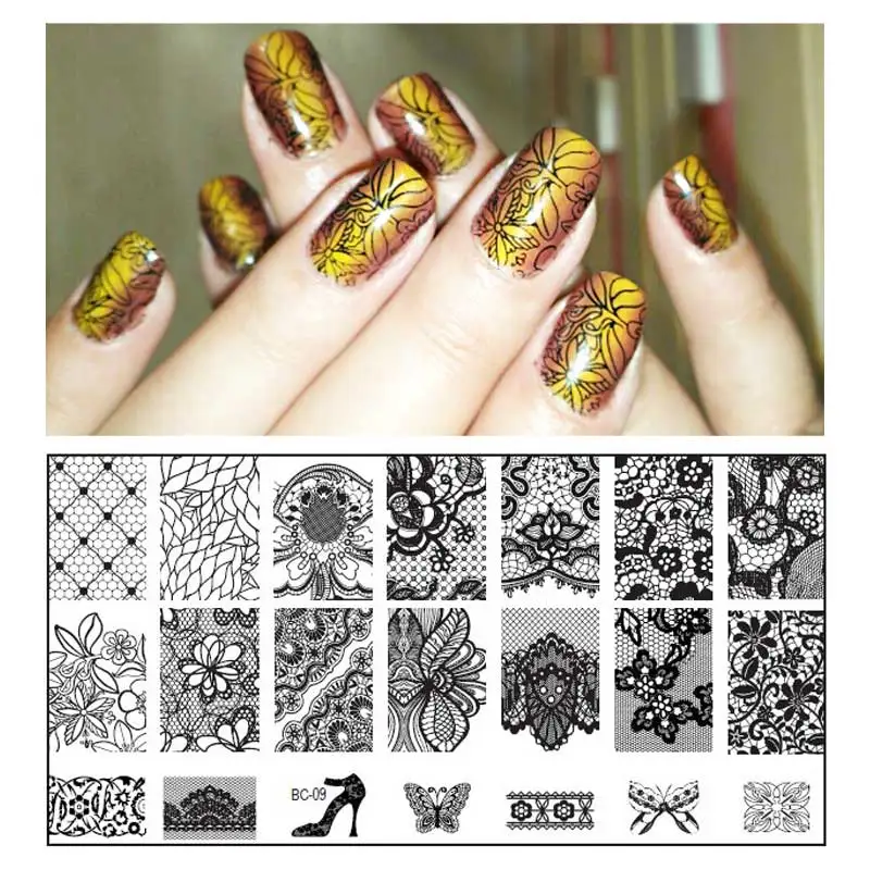 Flores de Renda Unha de Aço Novas Unha Selo Arte Carimbar Placa Imagem 10 Pçs – Lote 6*12 cm Template Inoxidável Manicure Ferramentas Stencil