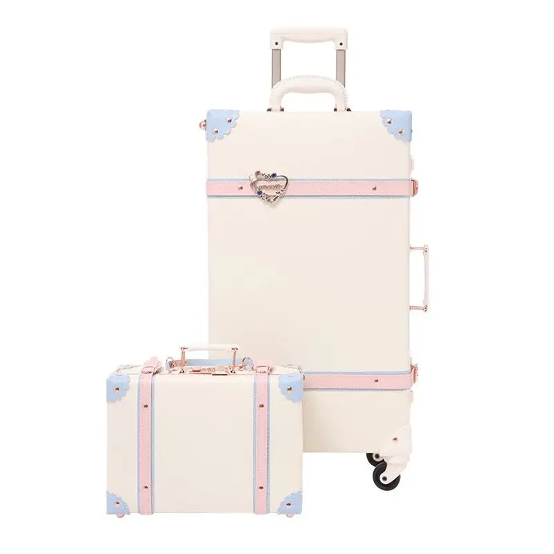 

Hot!New Retro white pink blue Travel Bag Rolling Luggage sets,12"20"22"24"26"inch Women Trolley Suitcases vs handbag with Wheel