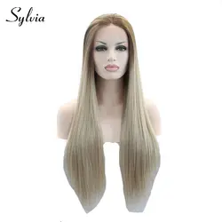 Sylvia смешанный блондинка шелковистые прямые синтетические кружева спереди парики с корни коричневый натуральный русый Glueless жаропрочных