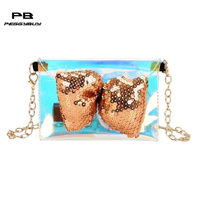 

Women Shoulder Bag Laser PVC Jelly Tote Bowknot Print Messenger Chain Bags Crossbody Bag Transparent Candy Color handbags purse