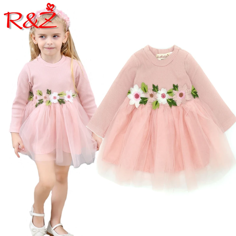 R&ampZ Baby Girls Dress 2019 Spring Autumn Long Sleeved Knit Princess Net Yarn Flowers O-neck Party Dresses for Kids Clothing | Детская
