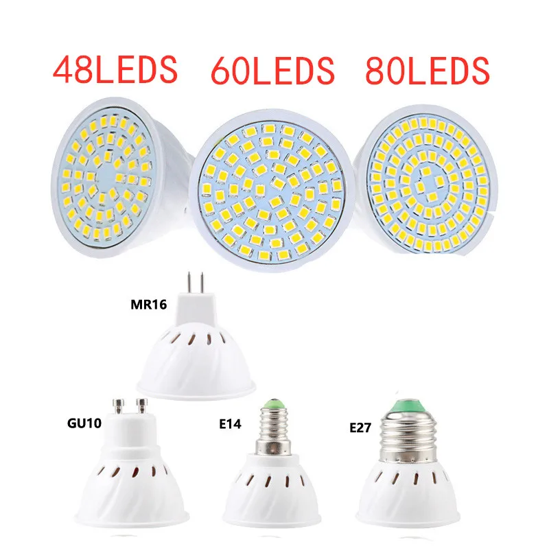 

E27 E14 MR16 GU10 LED Bulb 220V SMD 2835 MR16 Spotlight 48 60 80LEDs Warm White Cold White Lights for Home