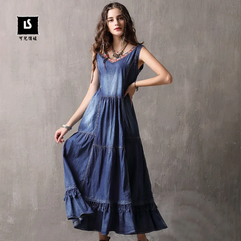 

Top Women Vintage Retro Pleated Embroidery Lace Strap Denim Maxi Dress Gothic Punk Boho Summer Streetwear Vestidos Sundress Robe