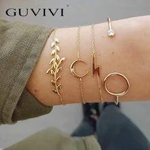

New Fashion Boho 4pcs/set Leaves Moon Lightning Women Bracelet Gold Bangle Cuff Bracelets Stainless Steel Wedding Jewelry Gifts