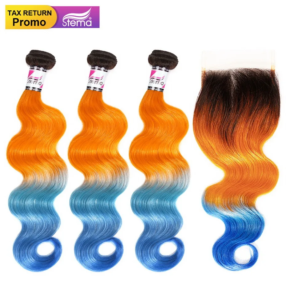 

Stema Brazilian Human Hair Body Wave 3Bundles With 4x4 Lace Closure Ombre Color 1b/Orange/Blue Remy Hair Extension