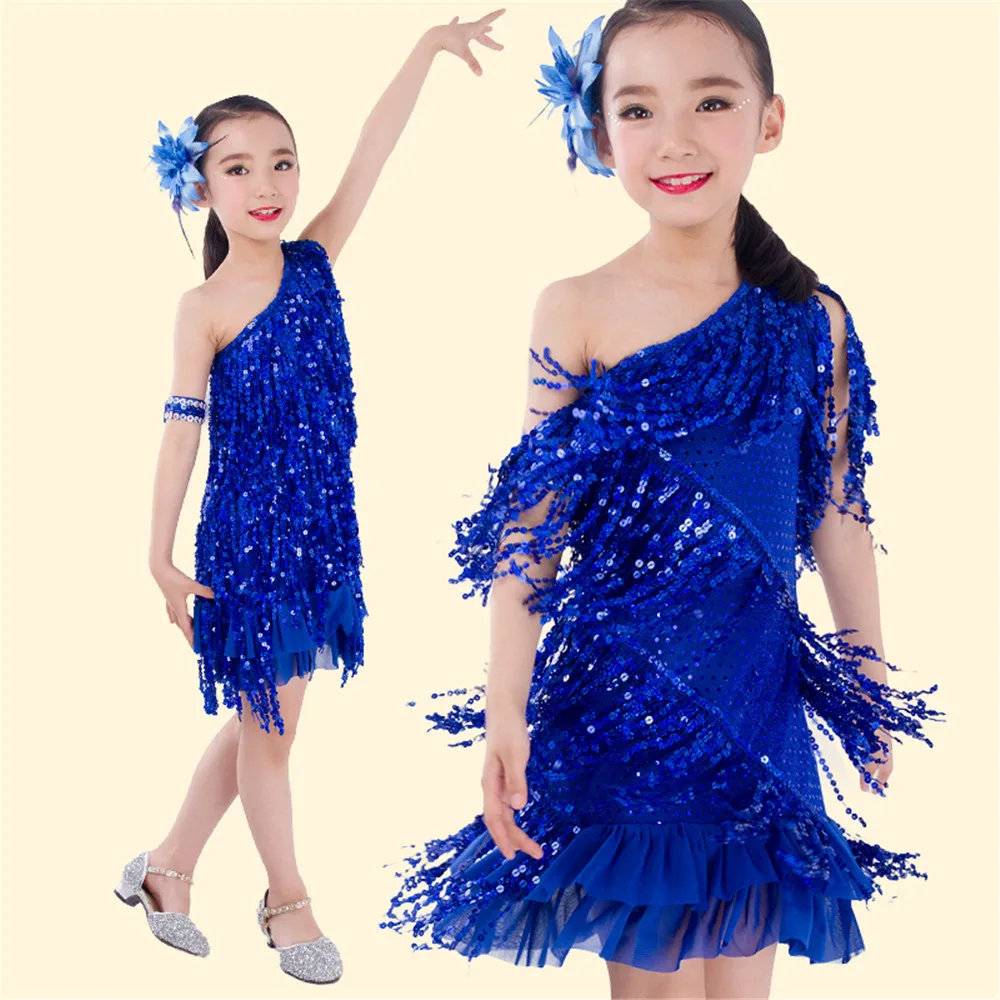 

Ballroom Dance Competition Dress Latin Dance for Girls Children Kids Samba Costumes Sequins Salsa Dress (Skirt+Arm Chain+Flower)