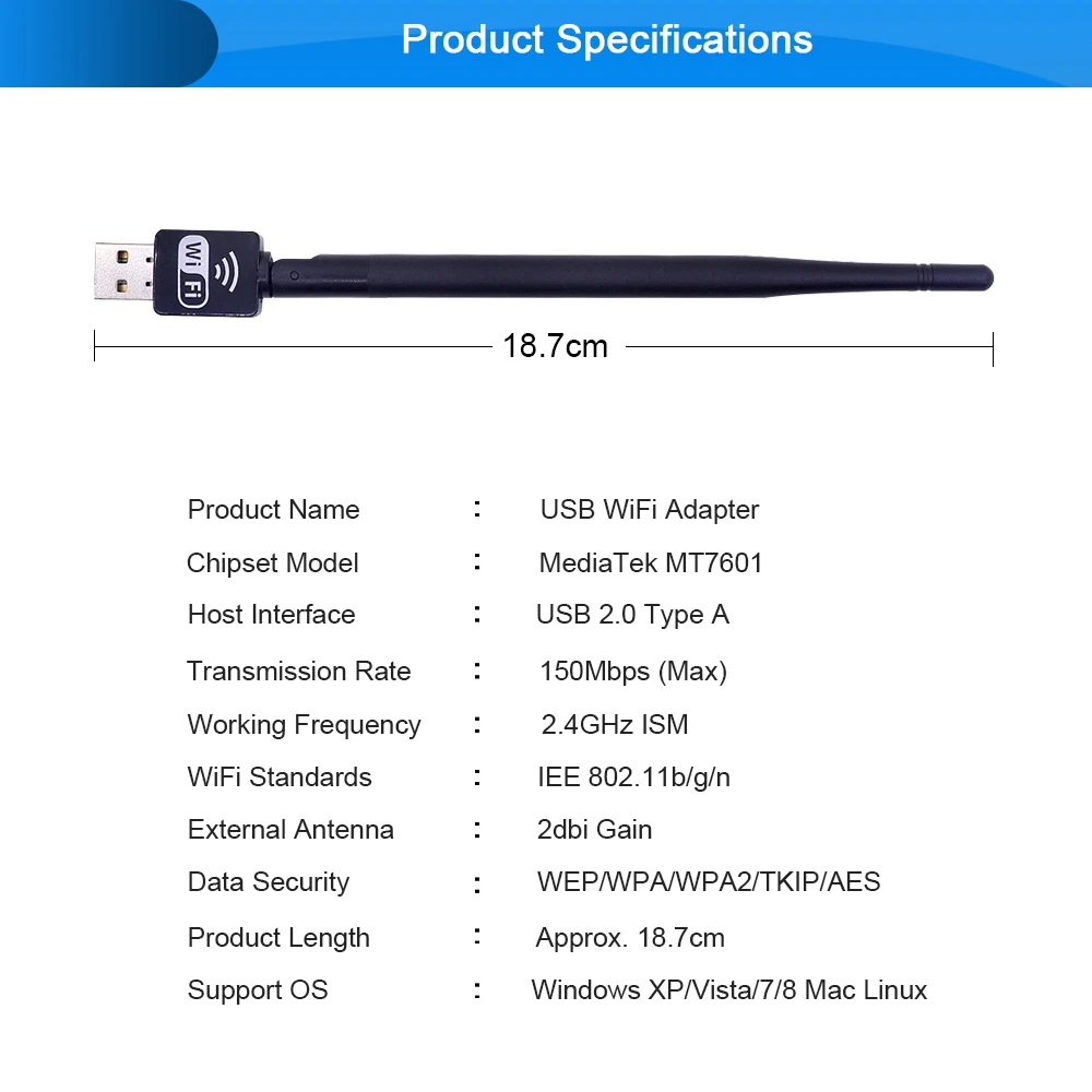 CHIPAL 150 Мбит/с USB WiFi приемник адаптер MT7601 Lan беспроводная сетевая карта 5dbi антенна для XP Vista Windows 7 Linux MAC OS X