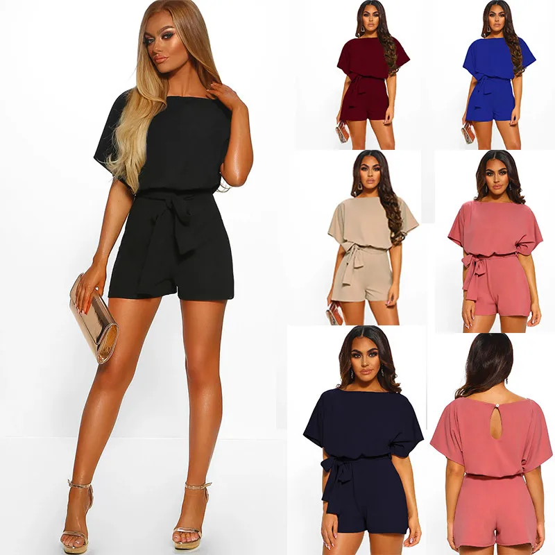 

Summer 2019 Women's Fashion Solid Color Belt Collar Short Sleeve Jumpsuits