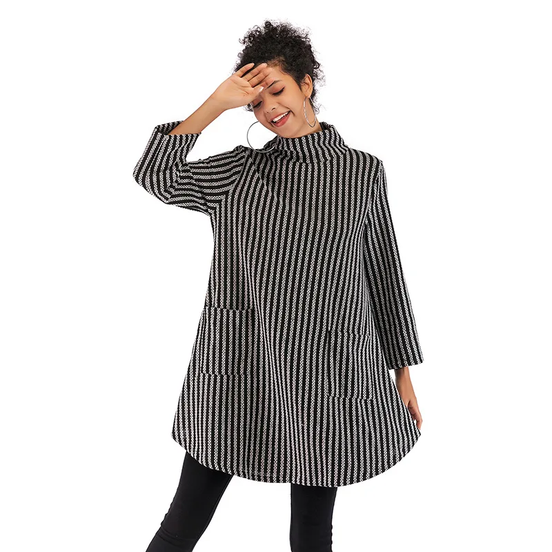 

Autumn Winter New Womens Sweater Long sleeve Turtleneck Pullover Double pocket Striped Jacket Female Loose Plus size Jumper Tops