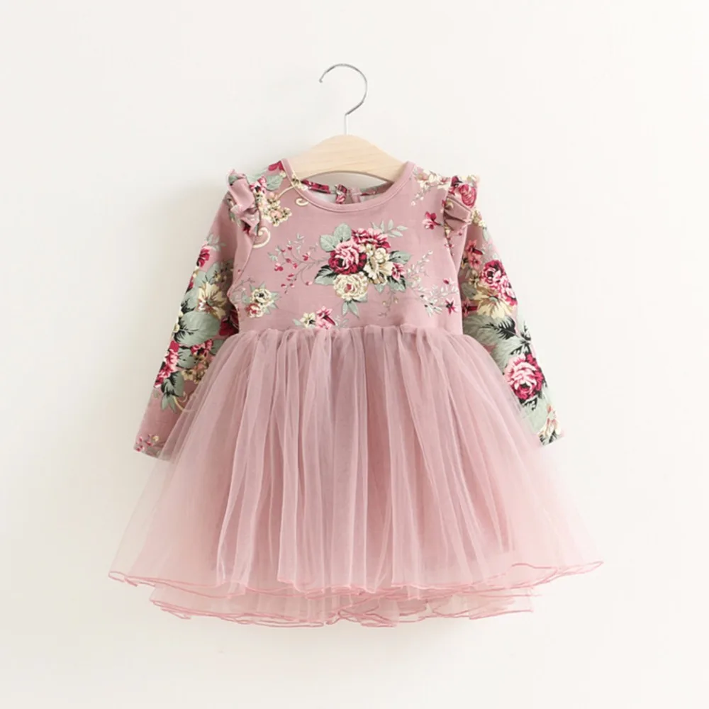 2017 Fall Girls Flower Print Dress Sweet Puffy Tulle Child Boutique ...