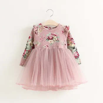 

2017 Fall Girls Flower Print Dress Sweet Puffy Tulle Child Boutique Costume for Birthday Wedding Wholesale Princess