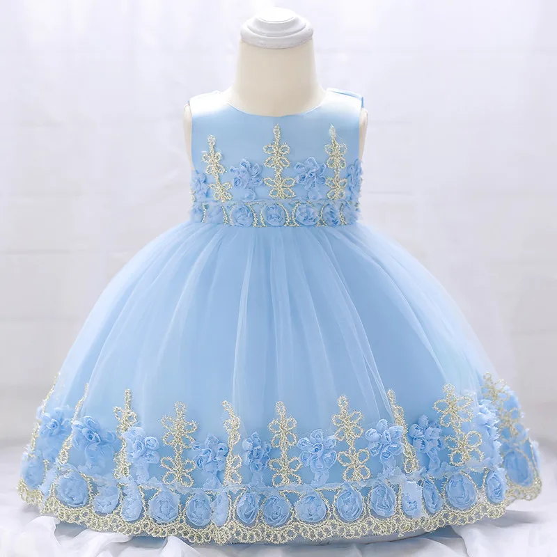 Новинка года, платье с цветочным узором для маленьких девочек возрастом от 6 месяцев до 24 месяцев до 1 года, платья на день рождения для маленьких девочек, Vestido, платье принцессы для свадебной вечеринки - Цвет: Небесно-голубой