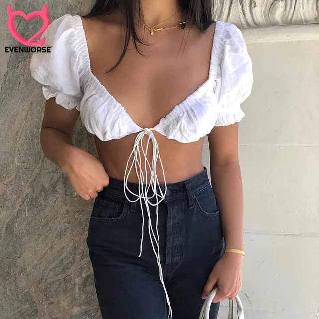 US $7.28 Evenworse 2020 New women white crop top short sleeve lace up tees elastic tank tops shirt sexy club
