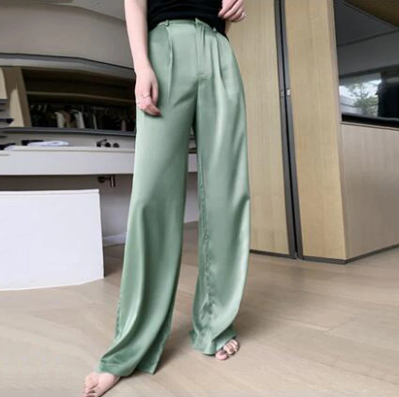 Summer Satin Elegant Wide Leg Pants Women High Waist Women's Drawstring Waistband Satin Joggers Casual Sports Sweatpants Pocket Summer Satin Elegant Wide Leg Pants Women High Waist Women's Drawstring Waistband Satin Joggers Casual Sports Sweatpants Pocket