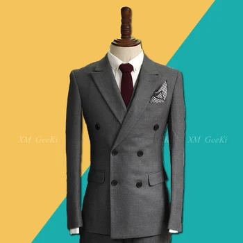 

2019 Autumn and Winter Korean The Double-breasted Suit Jackets Men's 3 piece British Casual Blazers Male Groom Army Green Suits