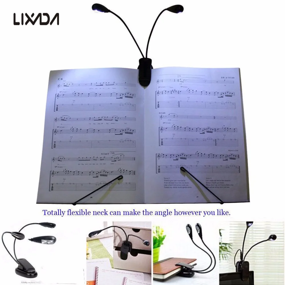 

Black Clip on 2 Dual Arms 2LEDs Flexible Book Music Stand Light Lamp for Pianos Ebook Reading