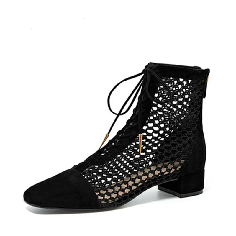 

2018 JiaoDianWuBu Openwork Mesh Boots Casual Fashion Sapato Feminino Chaussures Femme Mesh Martin Boots Square Head And Bare Boo