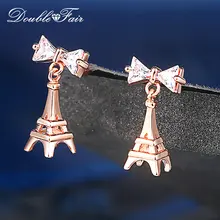 Модные женские вечерние серьги-капельки с Эйфелевой башней цвета розового золота, подарок, ювелирные изделия с бантом, циркониевые серьги DZE003M