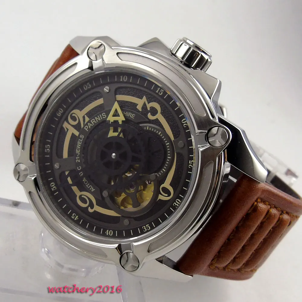 

44mm Parnis black dial Skeleton Leather strap SS Case 21-jewels miyota Movement Sapphire Glass Automatic Mechanical men's Watch