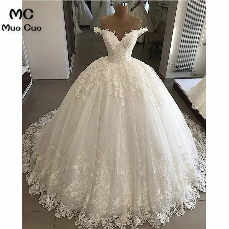 Pearl Beaded Lace V-neck Tulle Wedding Dresses Ball Gown Off Shoulder