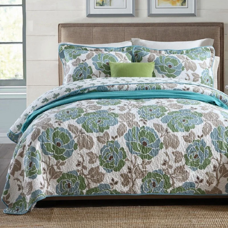 cheap CHAUSUB Quality Quilt Set 3PCS Flowers Print Quilts Washed Cotton Quilted Bedspread Bed Cover Pillowcase King size Coverlet Set