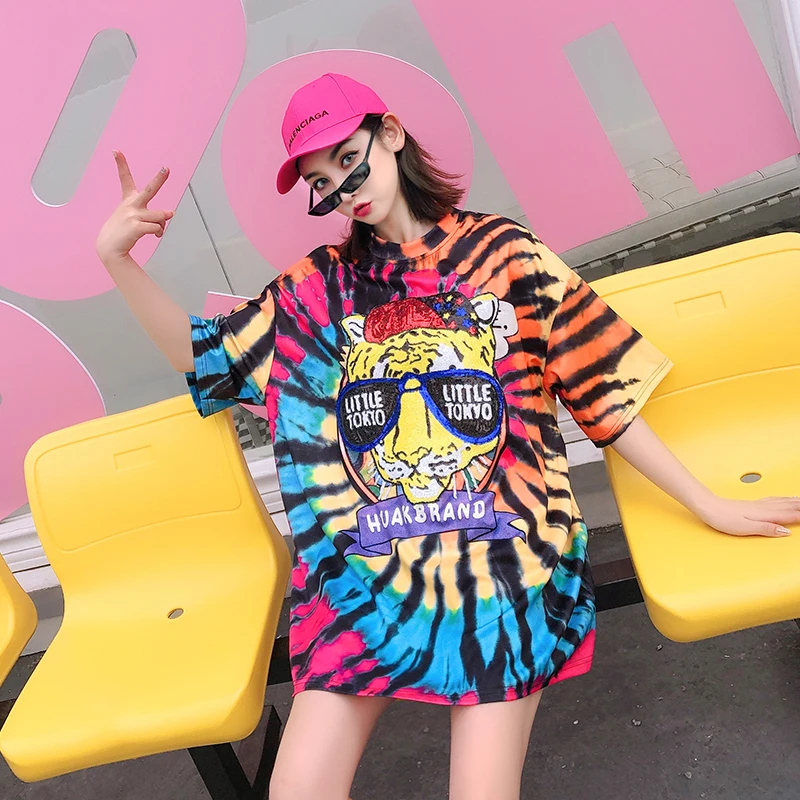 

7Mang 2019 Summer Streetwear Tiger Print T Shirt Women Short Sleeve Contrast Color Sequins Party Loose Harajuku Tshirt 0422