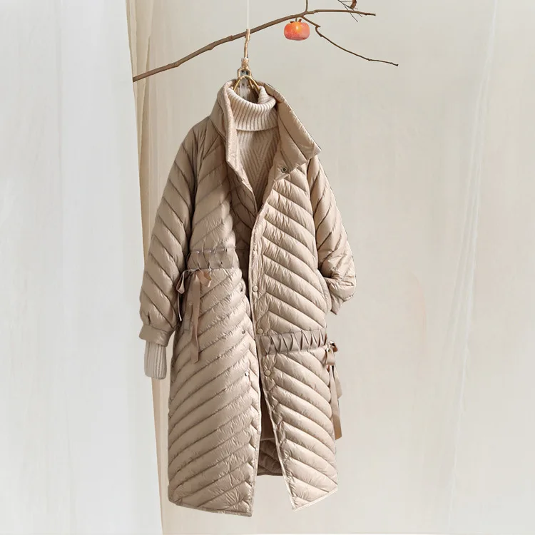 Original Retro Literary Loose Solid Color Stand Collar Long Down Jacket Coat Women's Cashmere Down Jacket