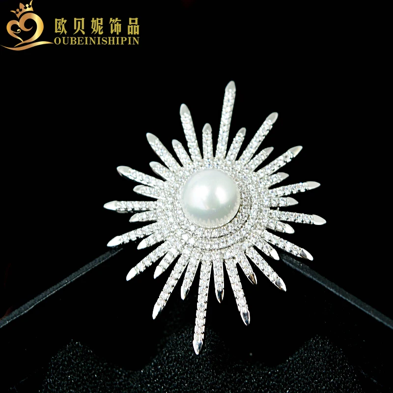 OBN Trendy Elegant Sliver Micro Pave CZ Charm Sun F Brooch Pin For Women Luxury Wedding Jewelry
