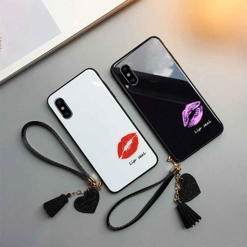 

BONVAN Tempered Glass Case For iPhone X XR XS Max Red Lips Hard Cover For iPhone 6 6S 7 8 Plus 5 5s SE Lanyard Couqe Capa