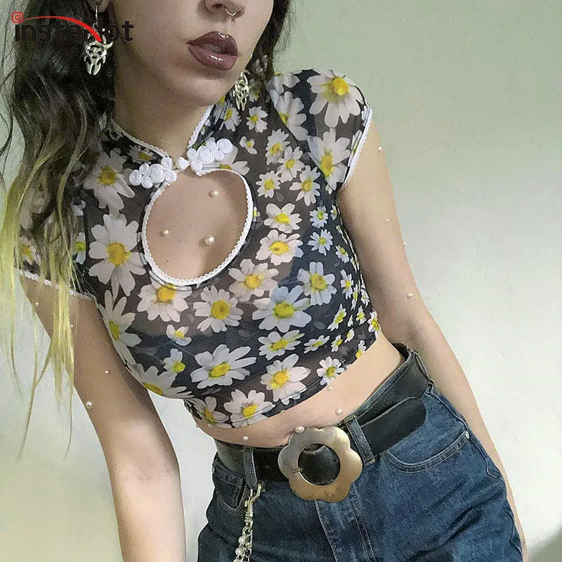 

InstaHot Mesh See Through Daisy Print T Shirts Women Transparent Short Sleeve Stand Collar Elastic Crop Tops Beachwear Holiday
