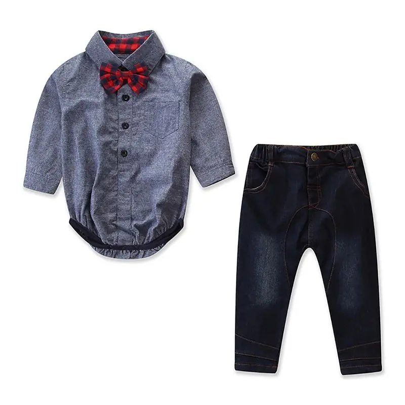 

Autumn Gentleman Baby Outfits Set Clothing Newborn Baby Boy Clothes Set Infant Denim Pants Bow Tie Shirt Romper Pants