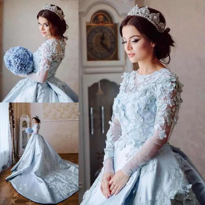 

Arbric 2019 Blue Wedding Dresses Sheer Neck 3D Floral Appliques Wedding Gowns Long Sleeve royal train Plus Size Vestido De Novia