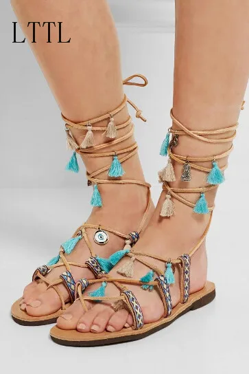 

LTTL Summer Newest Women  Sandals Fringe Embroidery Cross Strap Ethnic Style Mixed Colors Flat With Lady Shoes Ankle Strap