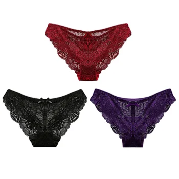 

3PCS Sexy Lace Panties For Women Transparent Briefs Seamless Lingerie Low-Waist Underwear Cotton Hip Up Female Underpants #D
