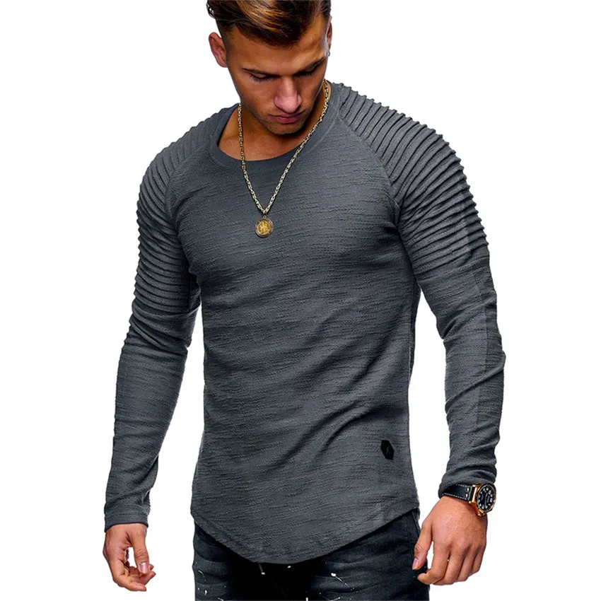 

2018 New Fashion Men's Round Neck Slim Solid Color Long-sleeved T-shirt Striped Fold Raglan Sleeve Style T shirt Men Tops Tees