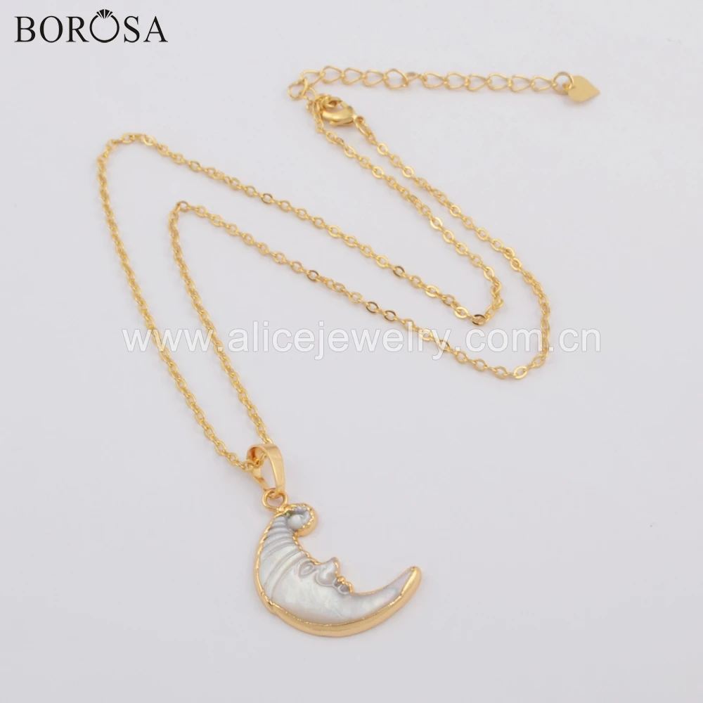 

BOROSA Design 5/10PCS Gold Color Natural White Shell One Side Carved Face Crescent Pendant Beads Necklace Jewelry G1738-N