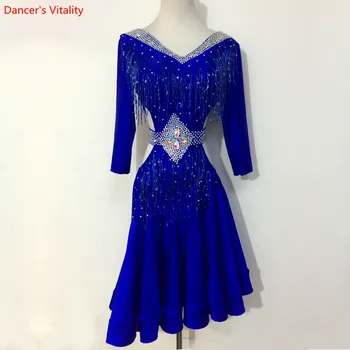 

Children Latin Dance Competition Costume Sexy V-back Spandex Stones Long Sleeves Dress For Women Latin Dance Performance Clothes