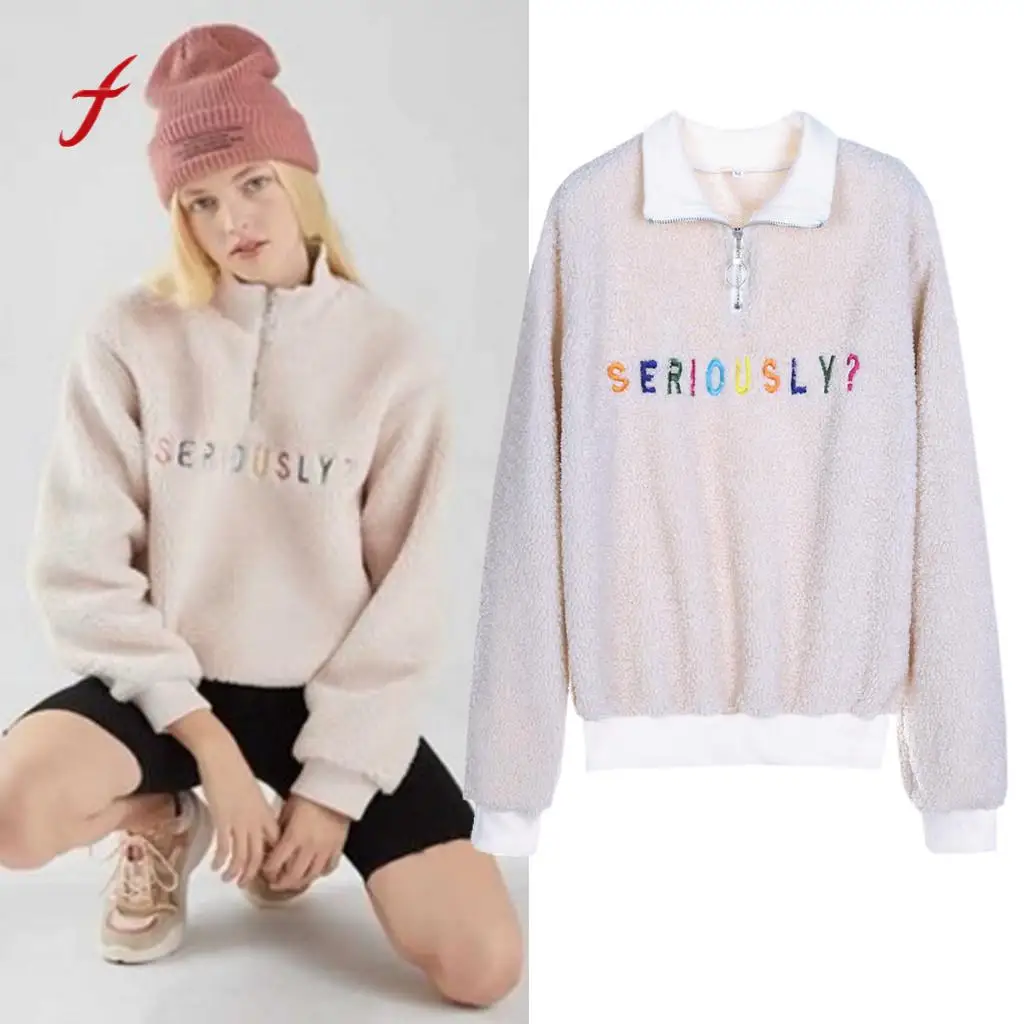 

feitong High Quality T Shirt Women Fluffy Tops Stand Neck Zipper Letter Print Pullover Loose Sweater Women's Clothing T-shirt