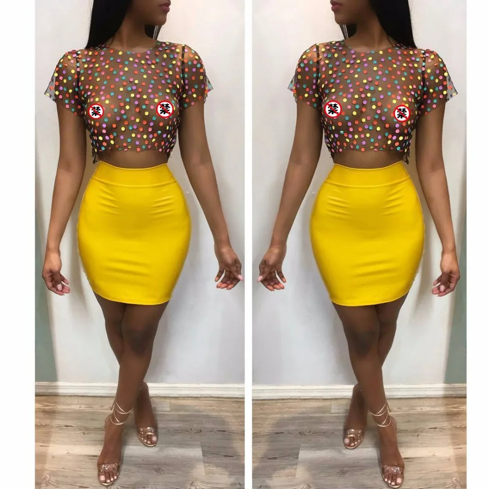 Kasimur Mesh Patchwork T Shirts and A Line Yellow Skirts Matching Sets