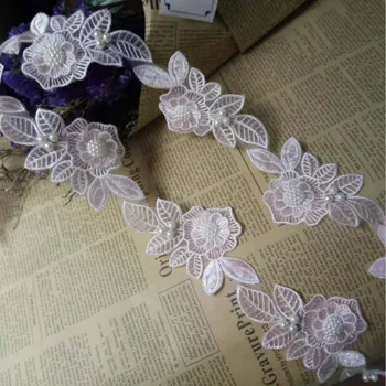 

2 yards Pink Pearl Flower Leaf Handmade Beaded Embroidered Lace Edge Trim Ribbon Applique Wedding Dress Sewing Craft DIY Hot