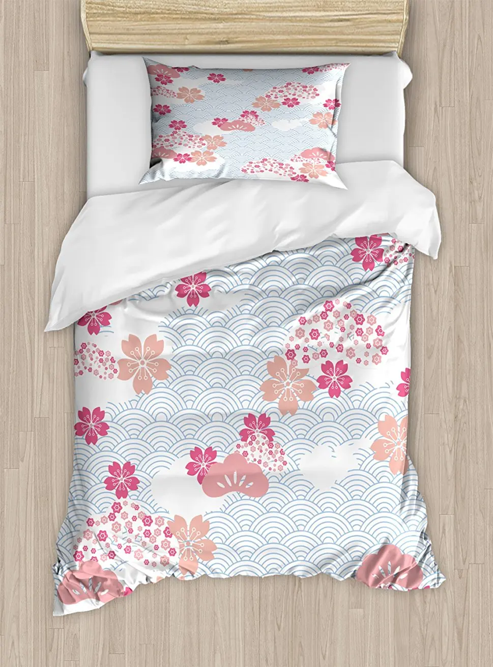 Japanese Duvet Cover Set Squama Pattern with Cherry Blossom Land of the Rising Sun Decorative 4 Piece Bedding | Дом и сад