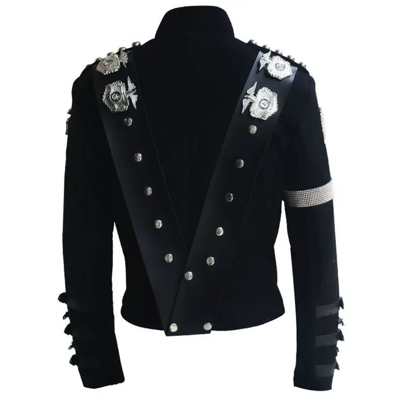 Impersonator Michael Joseph Jackson Costumes Jacket Stuff BAD Black With Silver Eagle Badges Punk Metal woolen Clothing 2