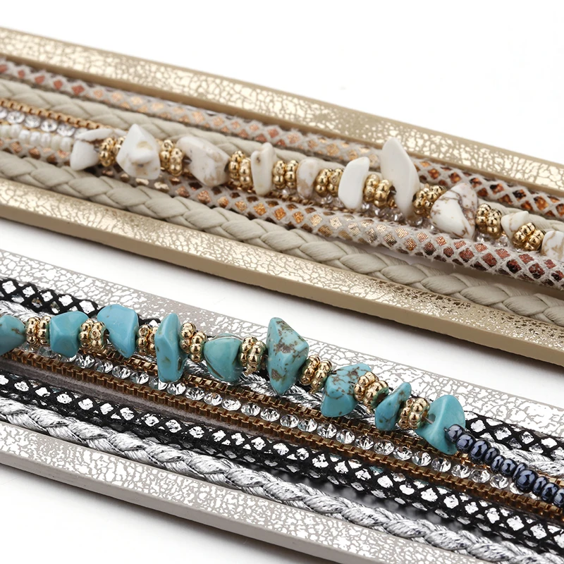 Boho Natural Stone Leather Bracelets for Women Female Vintage Braided Rope Wide Multilayer Wrap Bracelet Men Jewelry