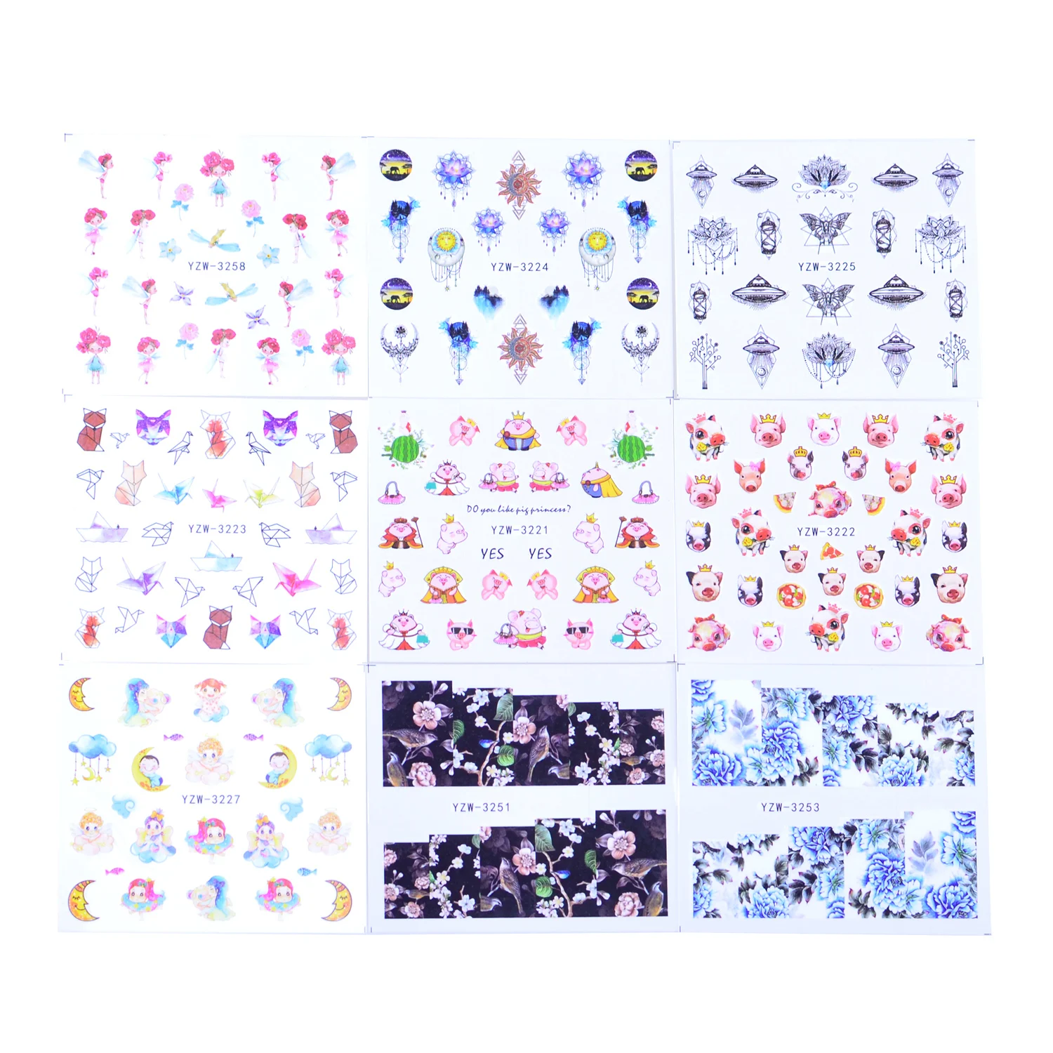 48pcs Watercolor Floral Flower Sticker Nail Decal Set Flamingo Letter Design Gel Manicure Decor Water Slider Foil