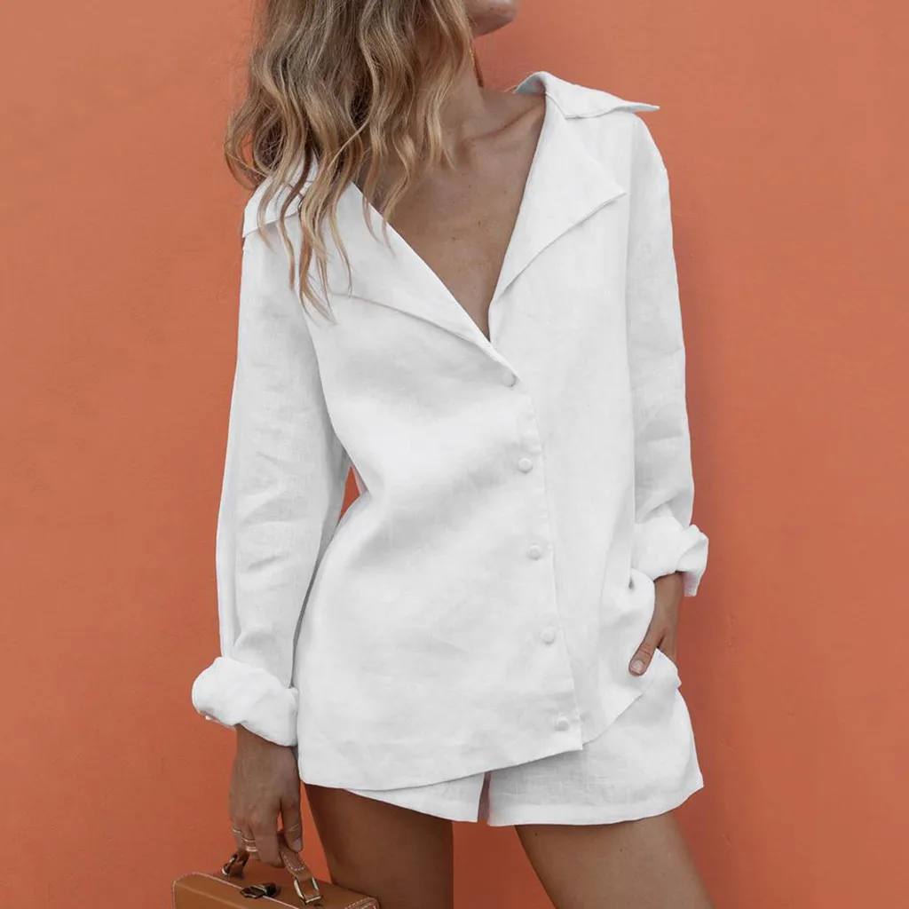 

Two Piece Set Women V Neck Sexy Slim Cotton Lapel Button Wild Temperament Suit Shorts Matching Suit 2019