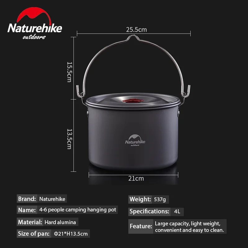Naturehike 4L Utensilios de cocina de Camping Para 4-6 Persona que Cuelga Grande Capacidad Olla Al Aire Libre Vajilla Picnic Hoguera Olla NH17D021-G