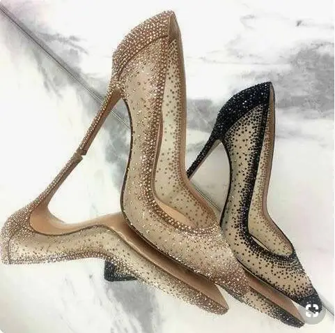 Sexy Bling Bling Crystal Wedding Shoes Bride Gold Mesh Rhinestone Patchwork Dress Pumps Champagne Black Glittering Heels Pumps