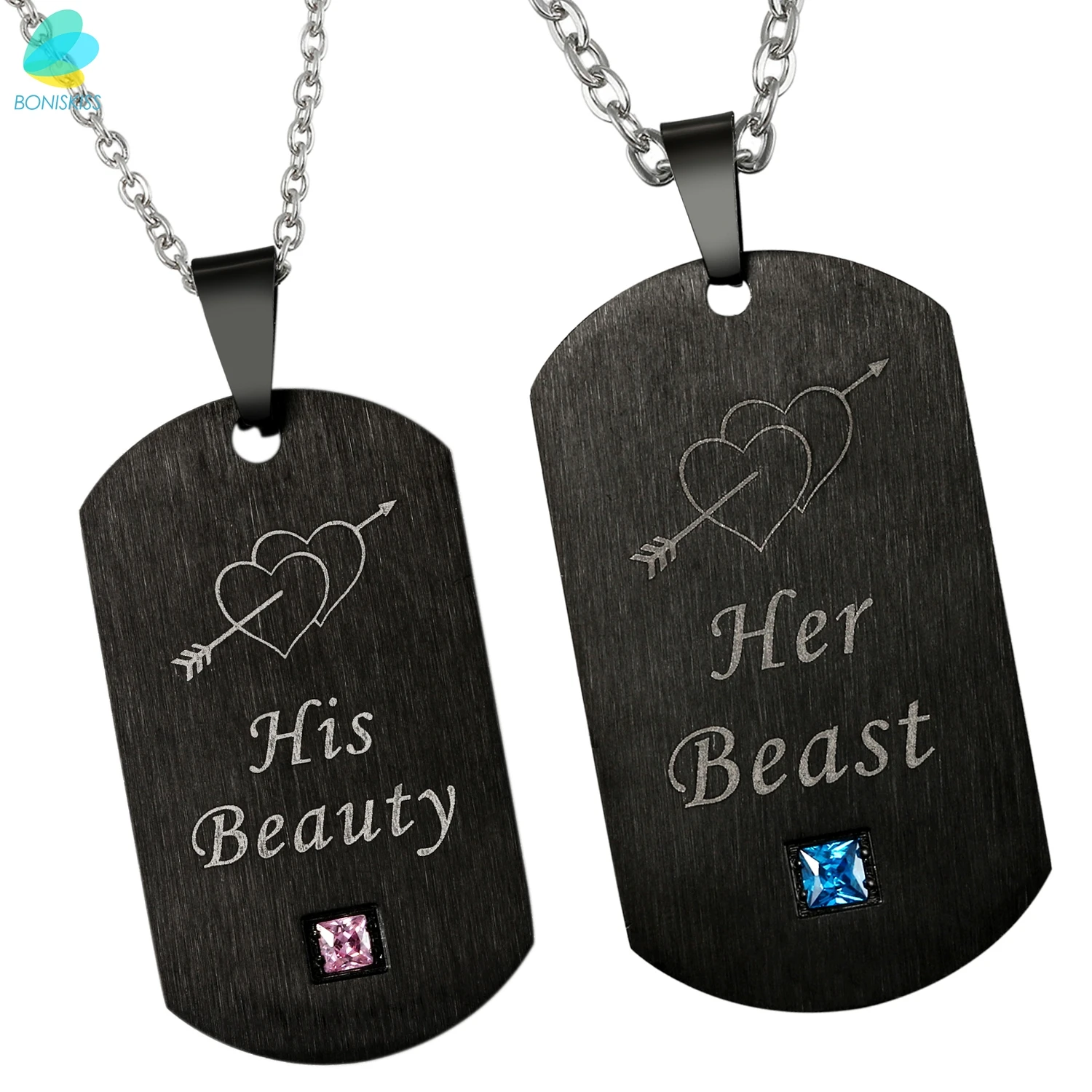 BONISKISS Free Engrave His Beauty & Her Beast Crown Tag Pendant Necklace with Stone Chain